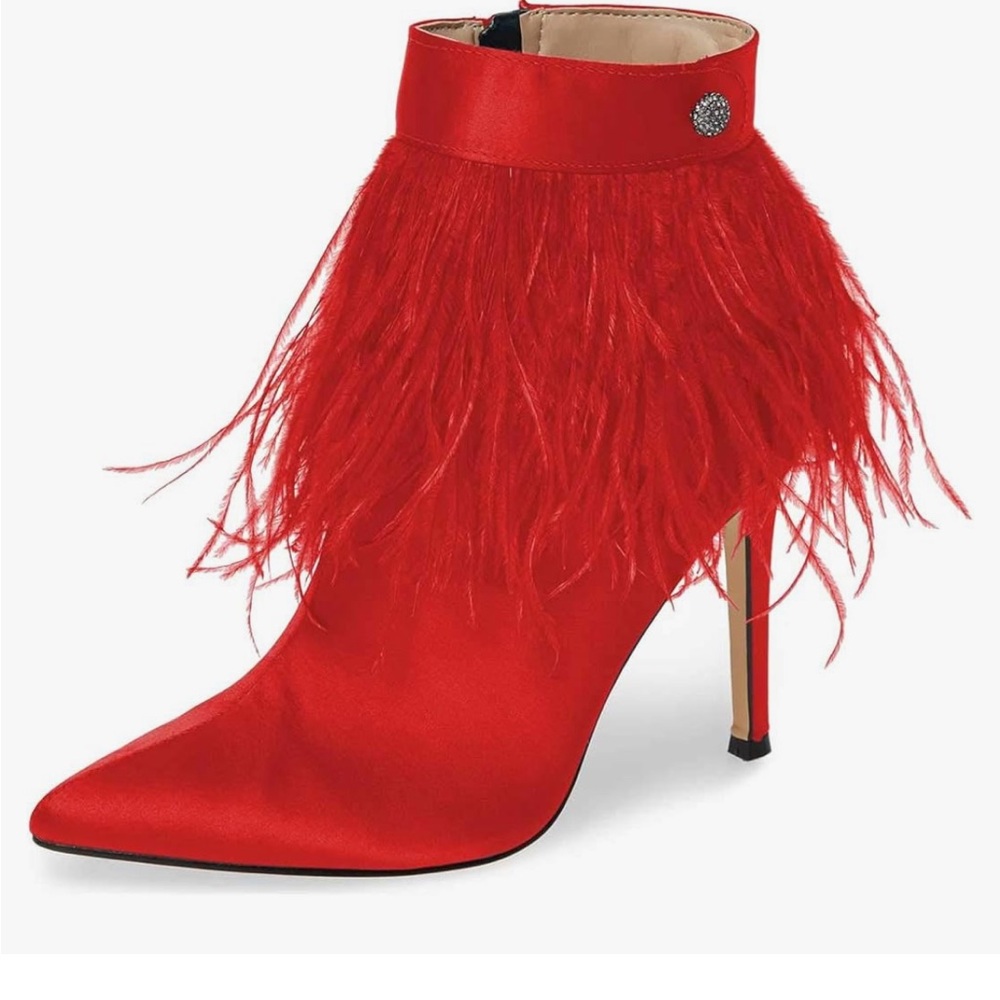 Red Fluffy Feather Tassel Ankle Pointed Toe Stiletto 4-5in heel satin booties.